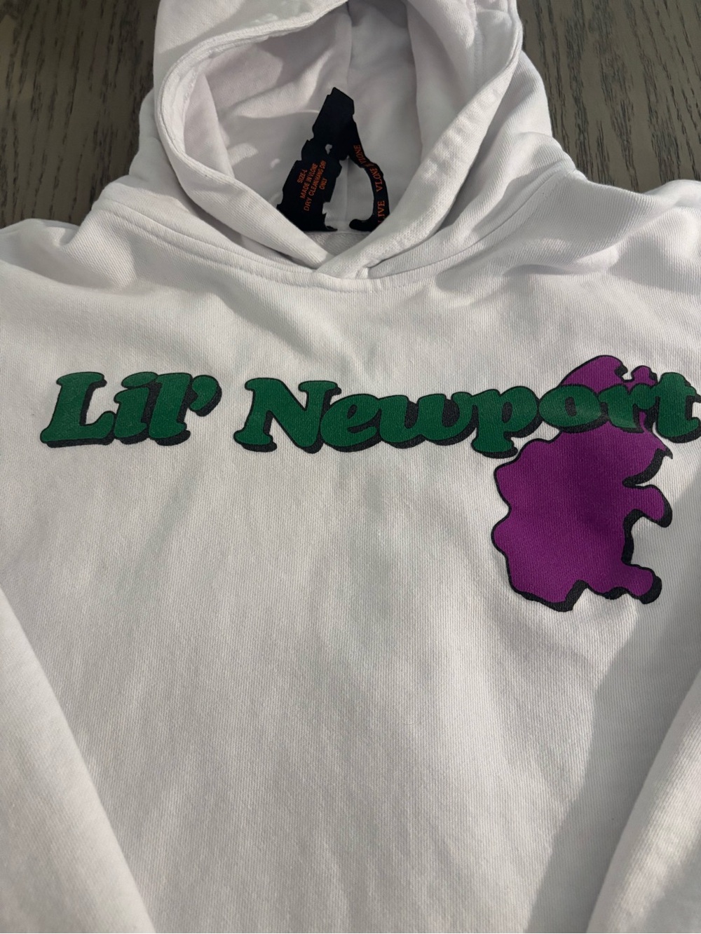 Vlone Lil' Newport White Graphic Hoodie with Green and Purple Print Large